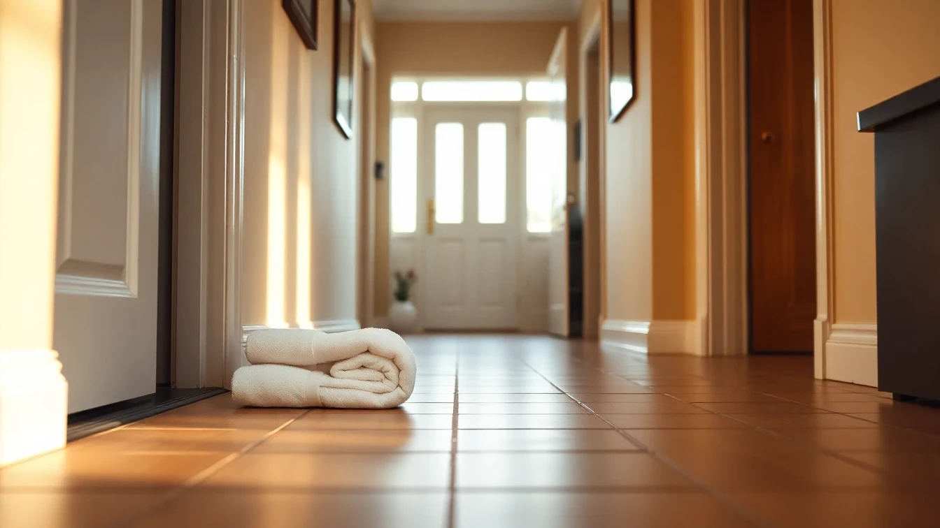 Towels rolled against a door in a British hallway — emergency drain problems